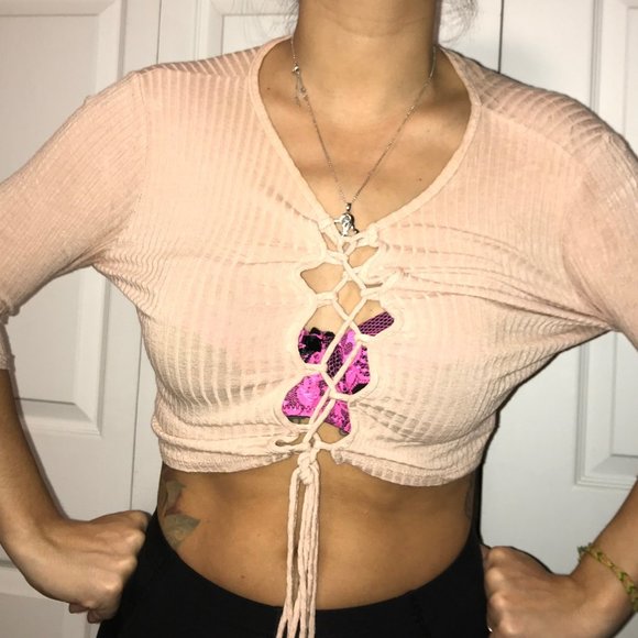 UK2LA Medium Pink / Cream 3/4 Sleeve Top Ties Up - Picture 3 of 5